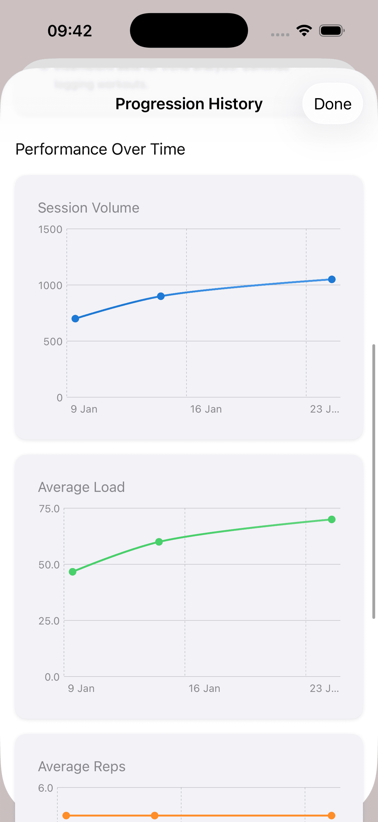 GainStrong workout log screen